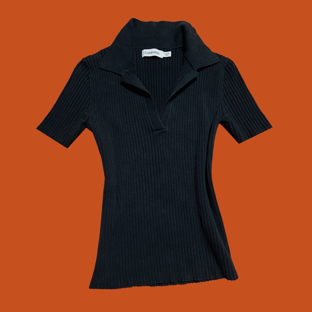 Calvin Klein Black Ribbed Knit Polo Top Women's (U.S.) Size XS